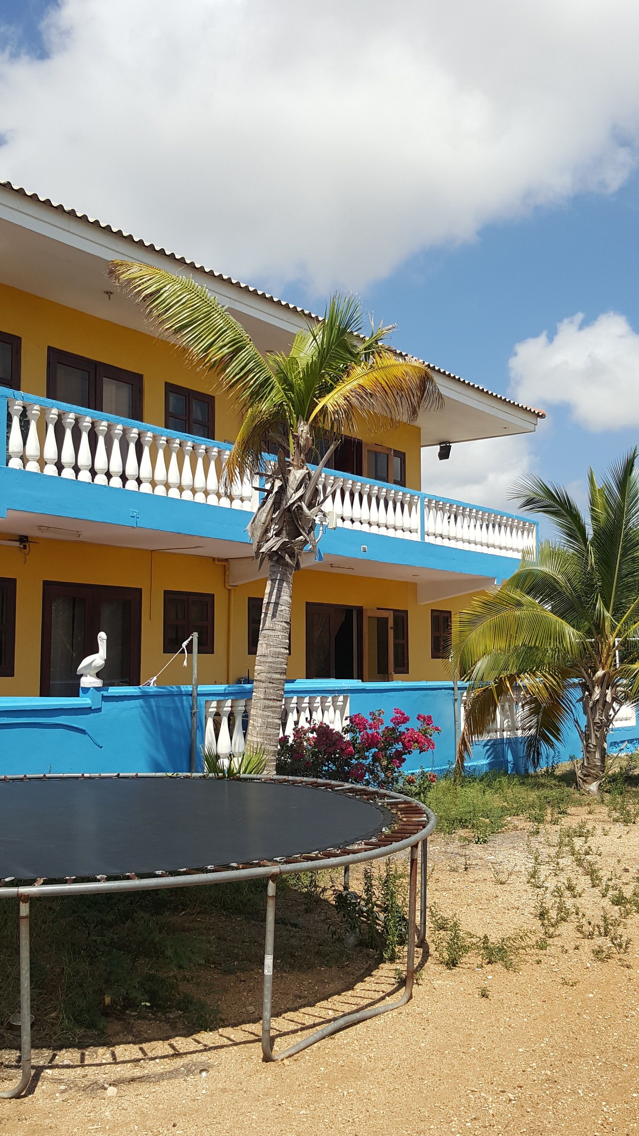Um edifício de dois andares com varanda, um trampolim e uma estátua de pelicano branco.