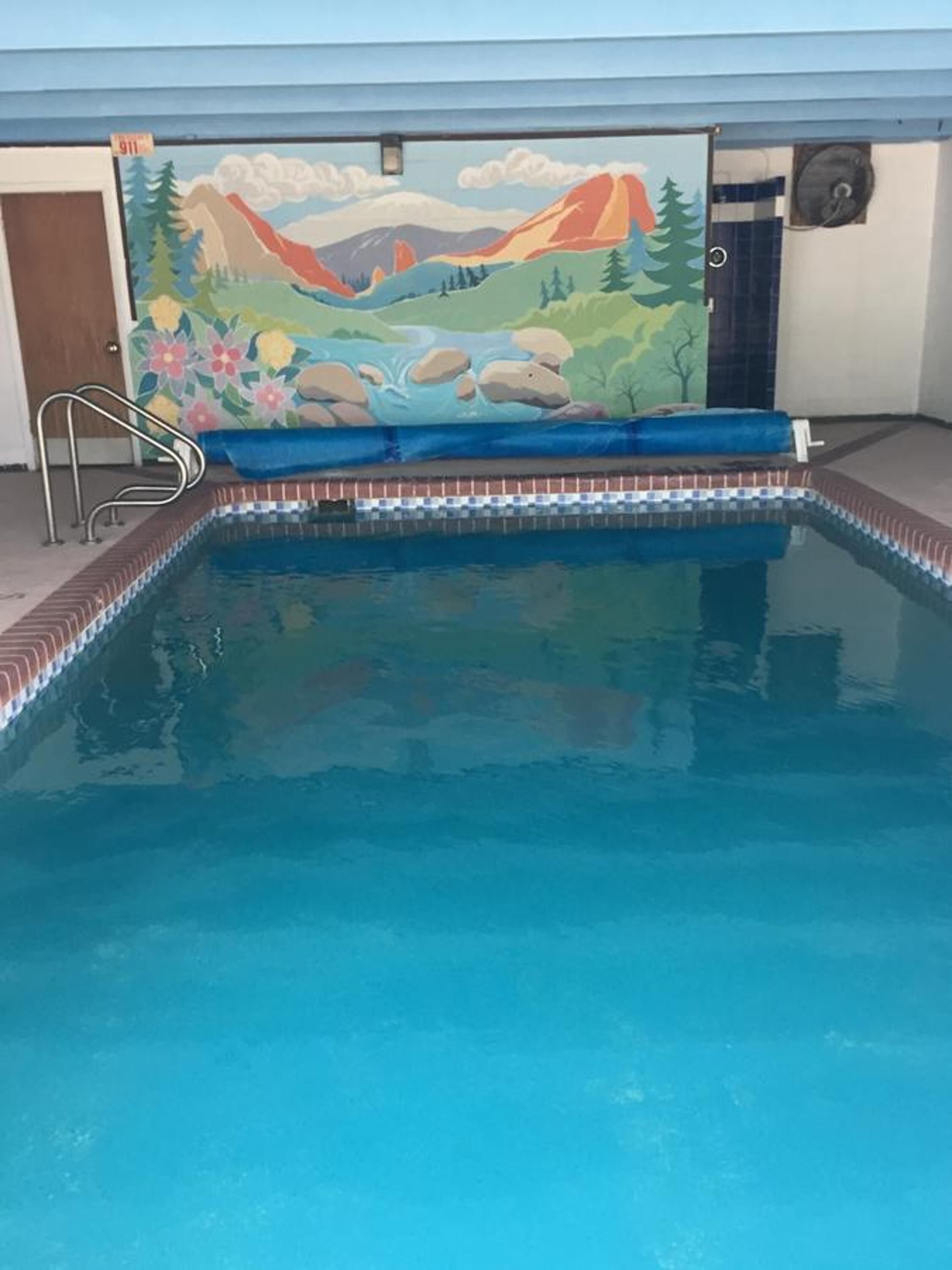 A swimming pool with a mural of a mountain landscape.