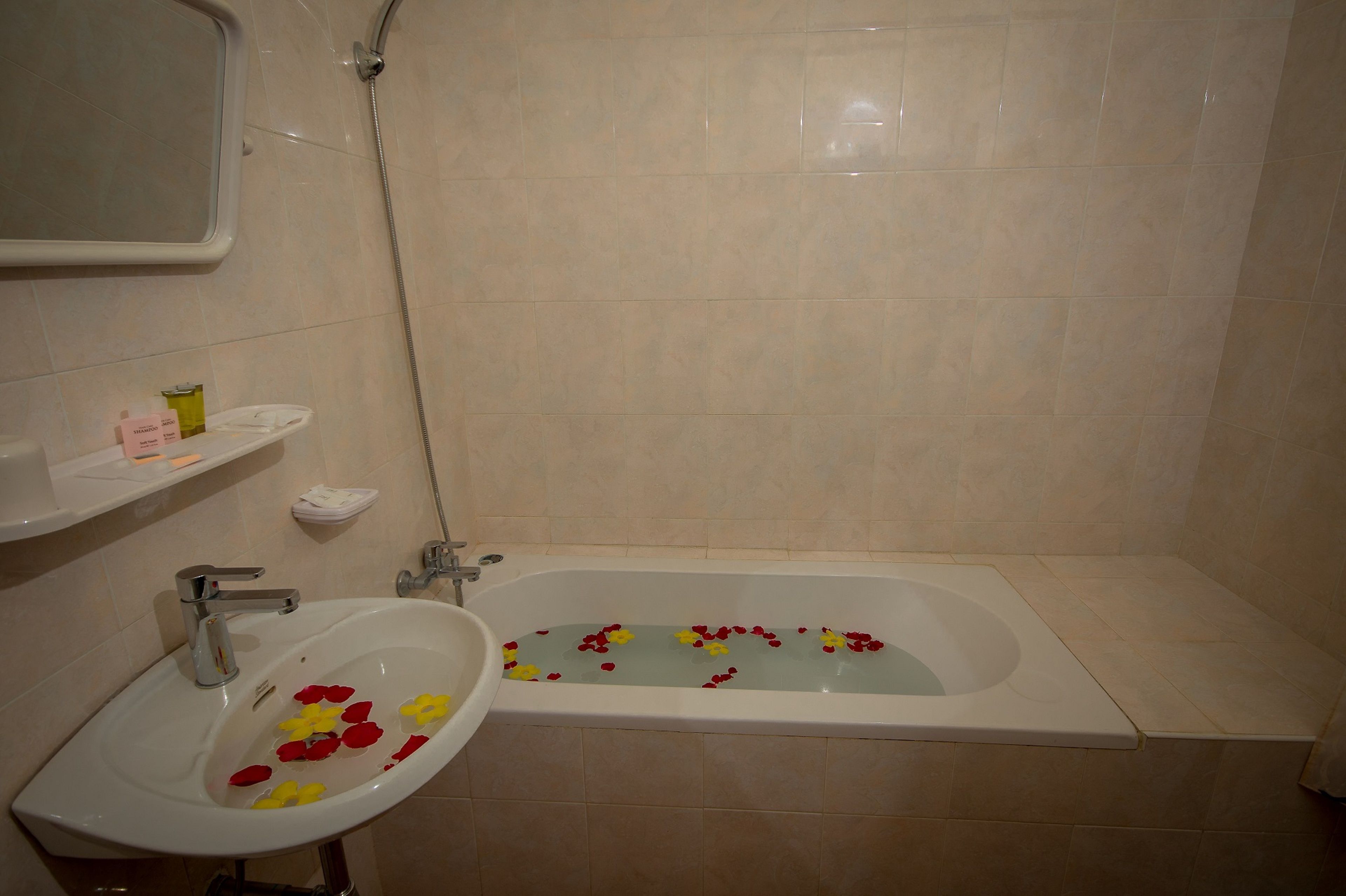 combined shower/bathtub, deep-soaking bathtub, free toiletries