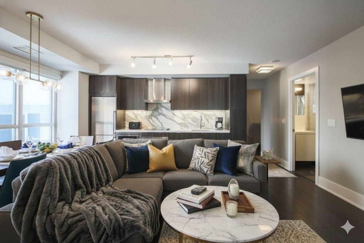 Condo ejecutivo, 3 habitaciones, para no fumadores, vista a la ciudad | Área de sala de estar | Televisión de pantalla plana 