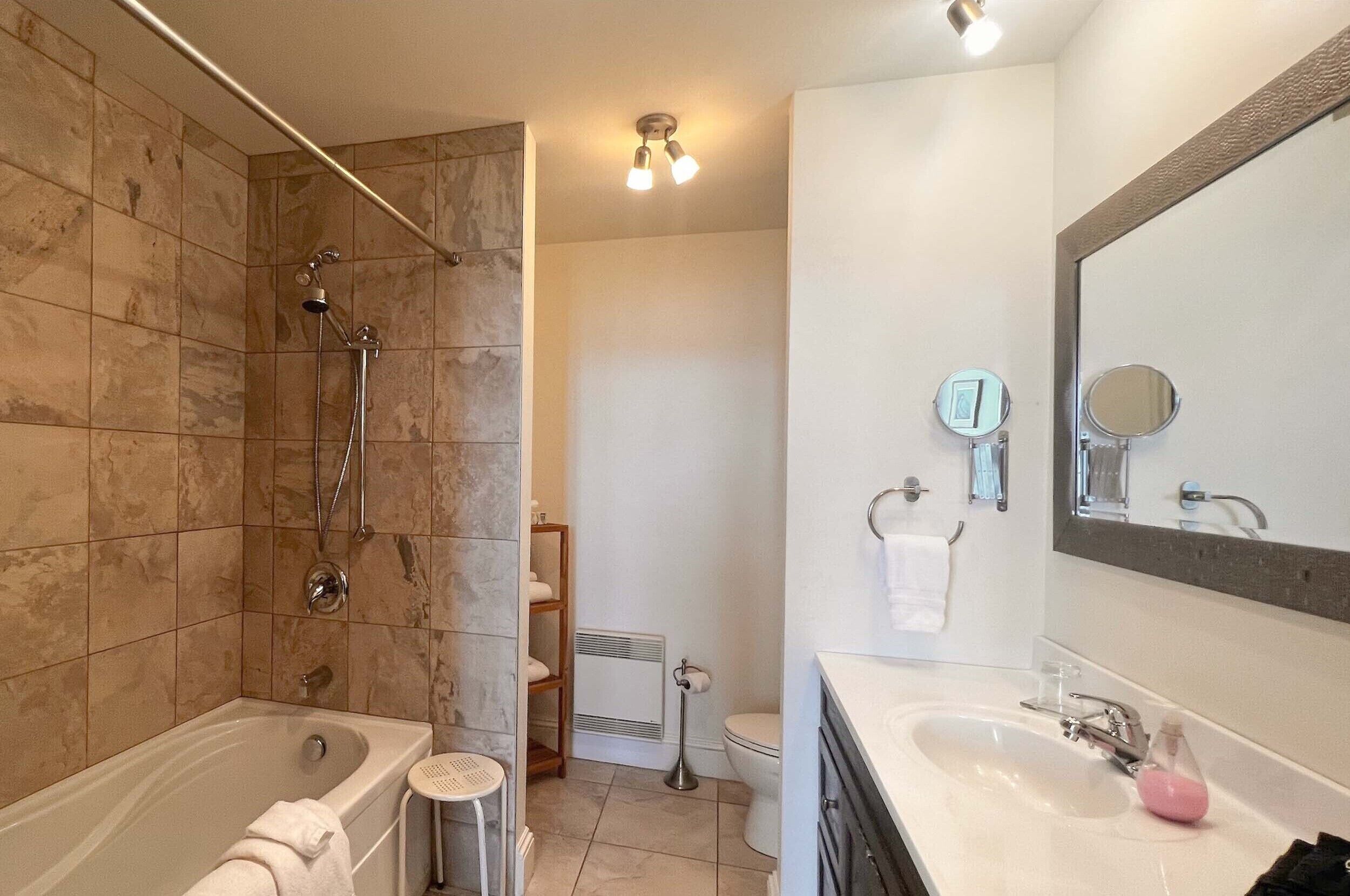A modern bathroom with a bathtub, a shower, a vanity with a mirror, and a toilet.