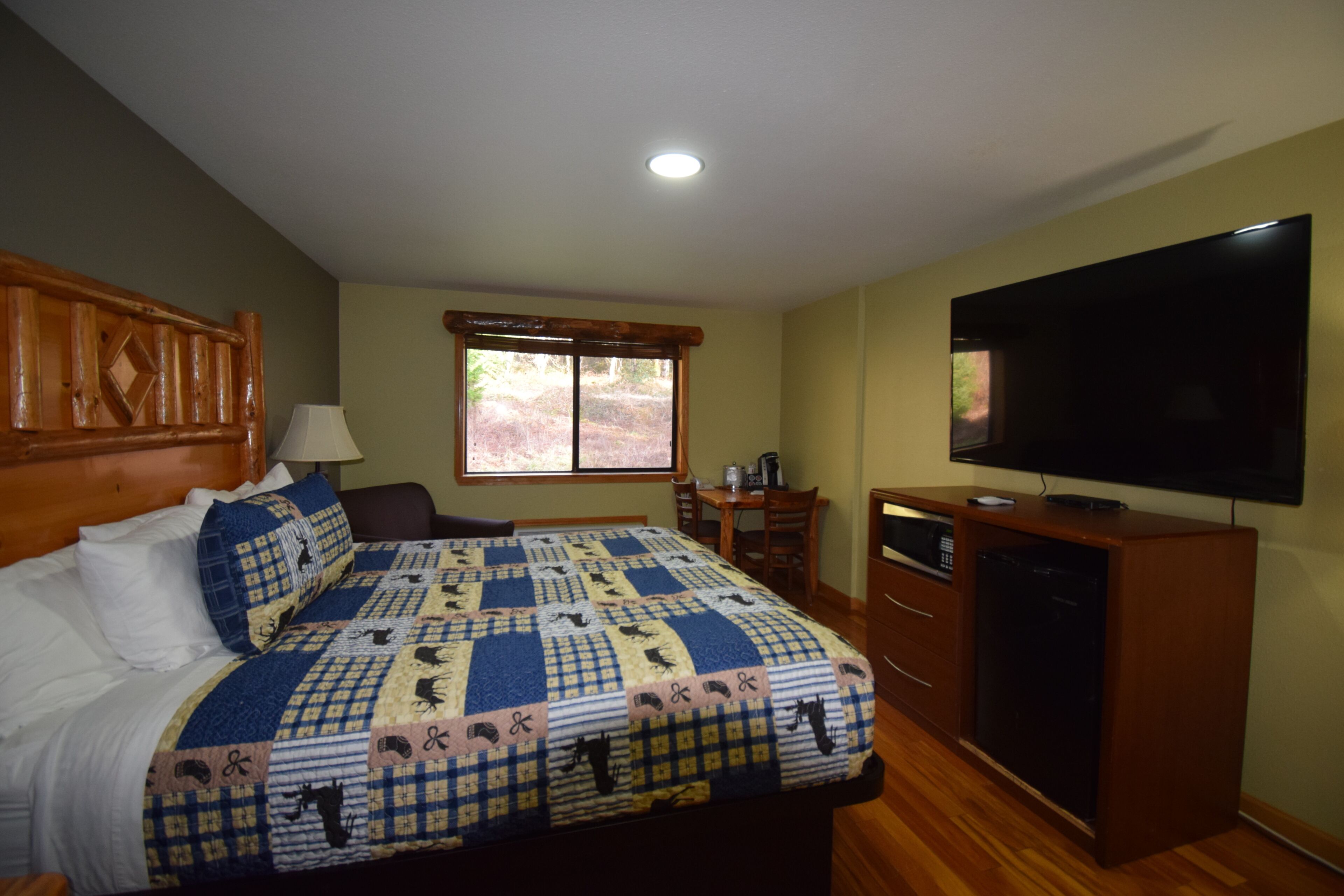 A bedroom with a bed, a television, a desk, and a window.