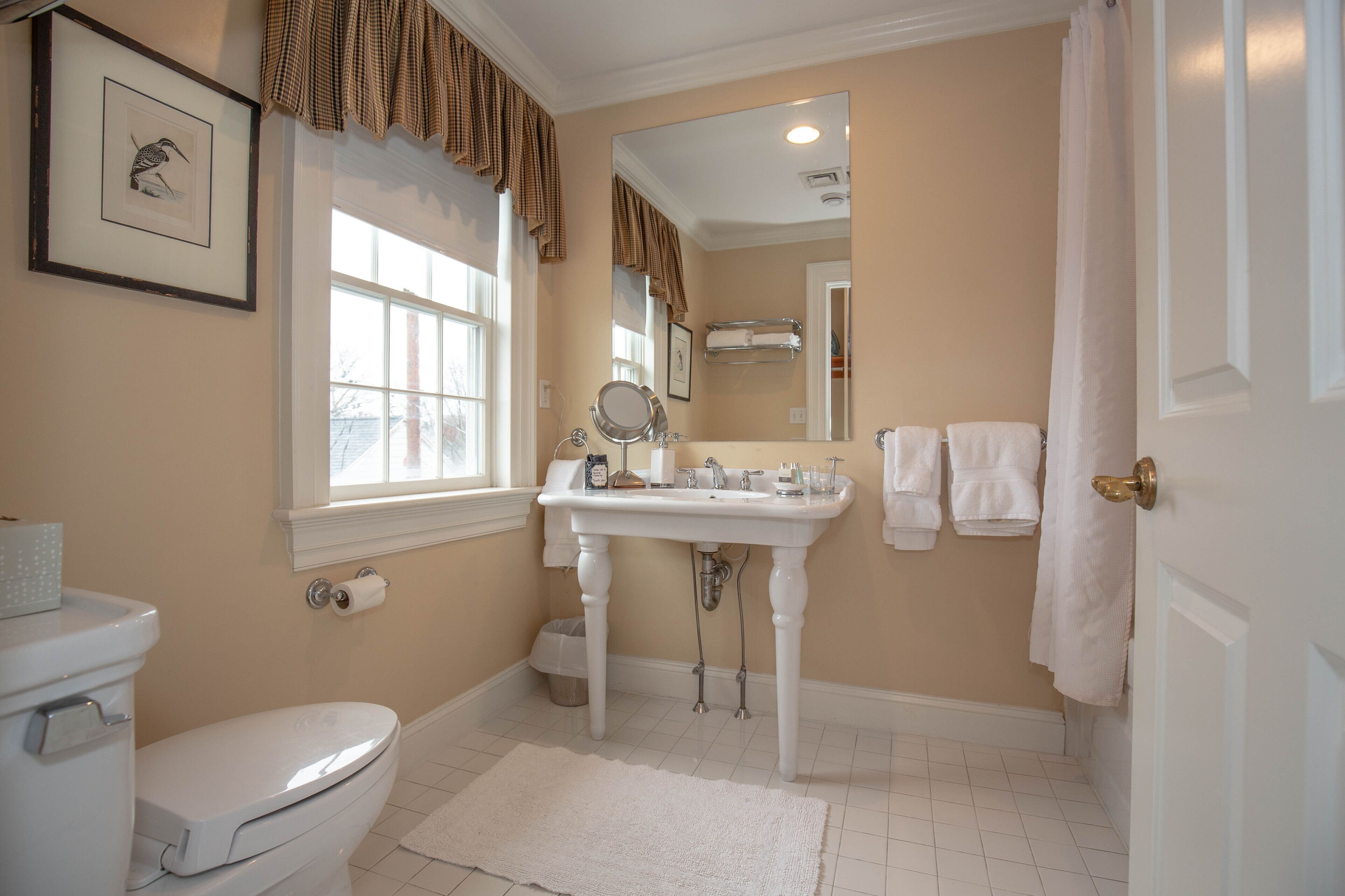 A bathroom with a toilet, sink, and mirror. There is a window with curtains, a towel rack, and a white rug on the floor.