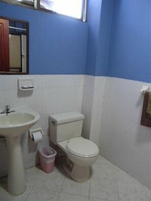 Un baño con lavamanos, inodoro y espejo.
