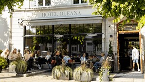 Un hôtel appelé HOTEL OLEANA, doté d’une terrasse et de plantes en pot.