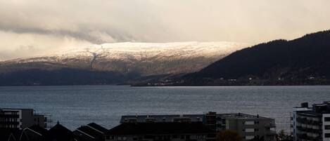 A coastal town with buildings near a body of water, a snow-covered mountain in the background, and a cloudy sky.