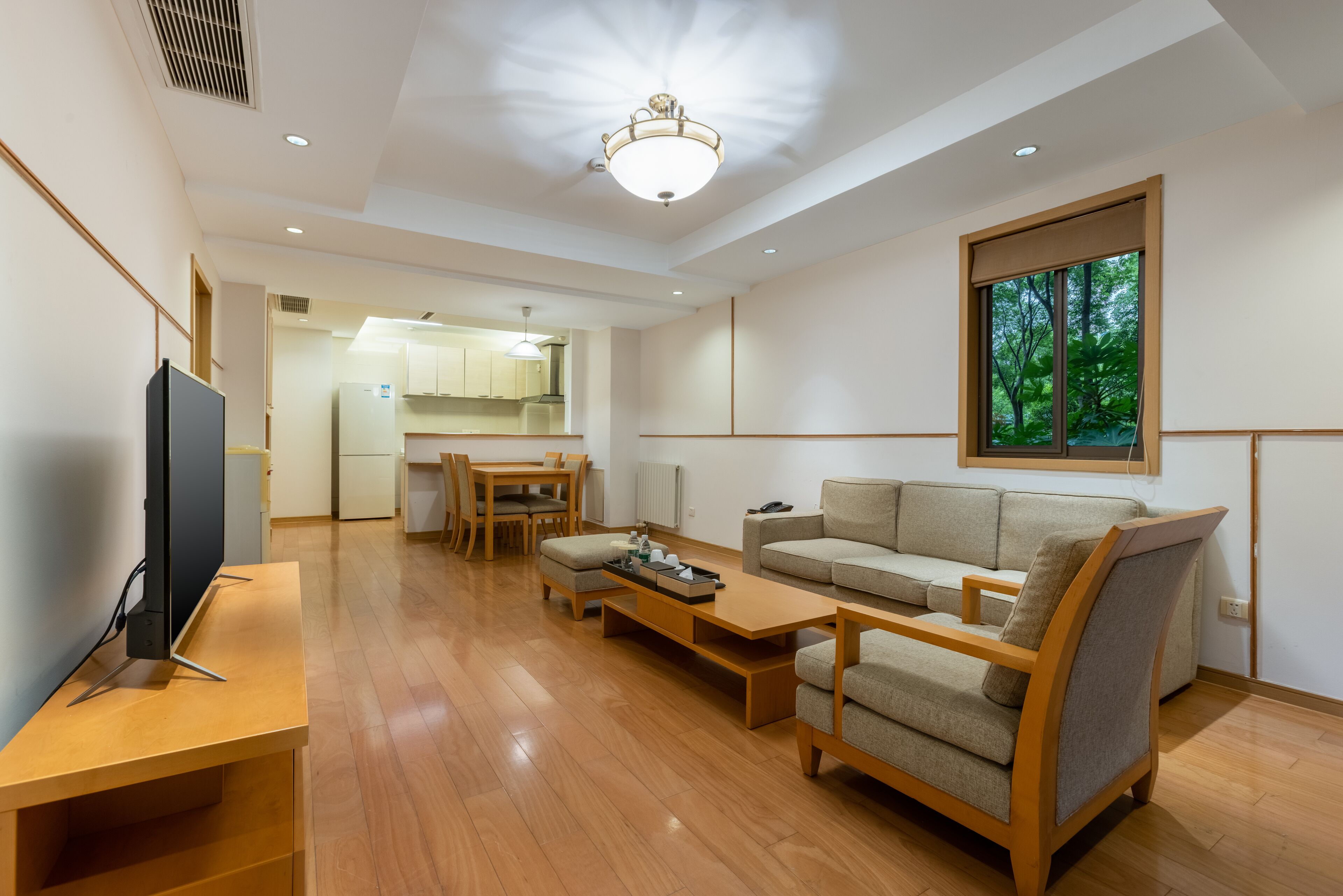 A modern living room with a flat-screen TV, wooden coffee table, sofa, and a dining area with chairs and a table.