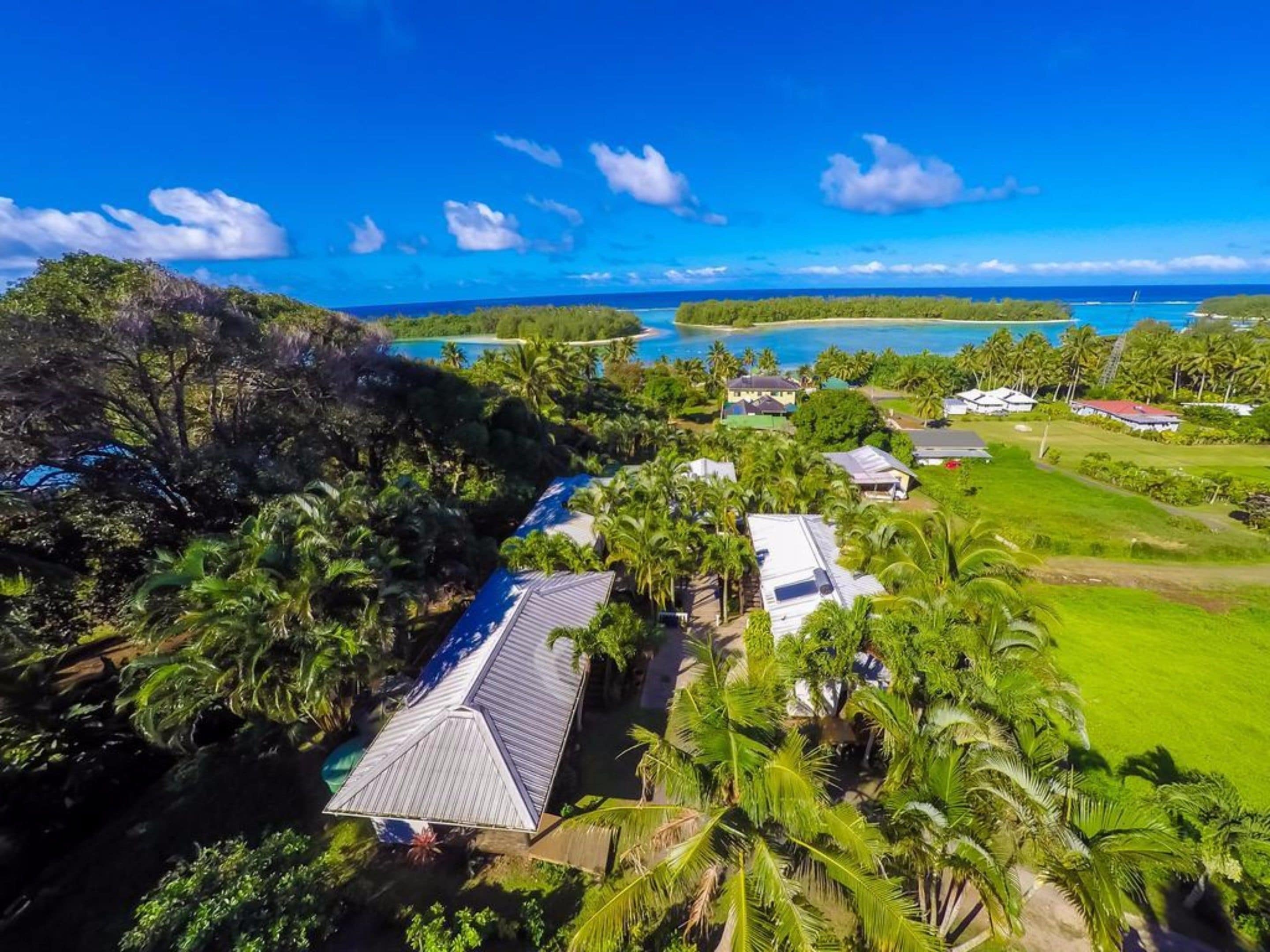 An aerial view of a tropical resort with multiple buildings, lush greenery, and a clear view of the ocean.