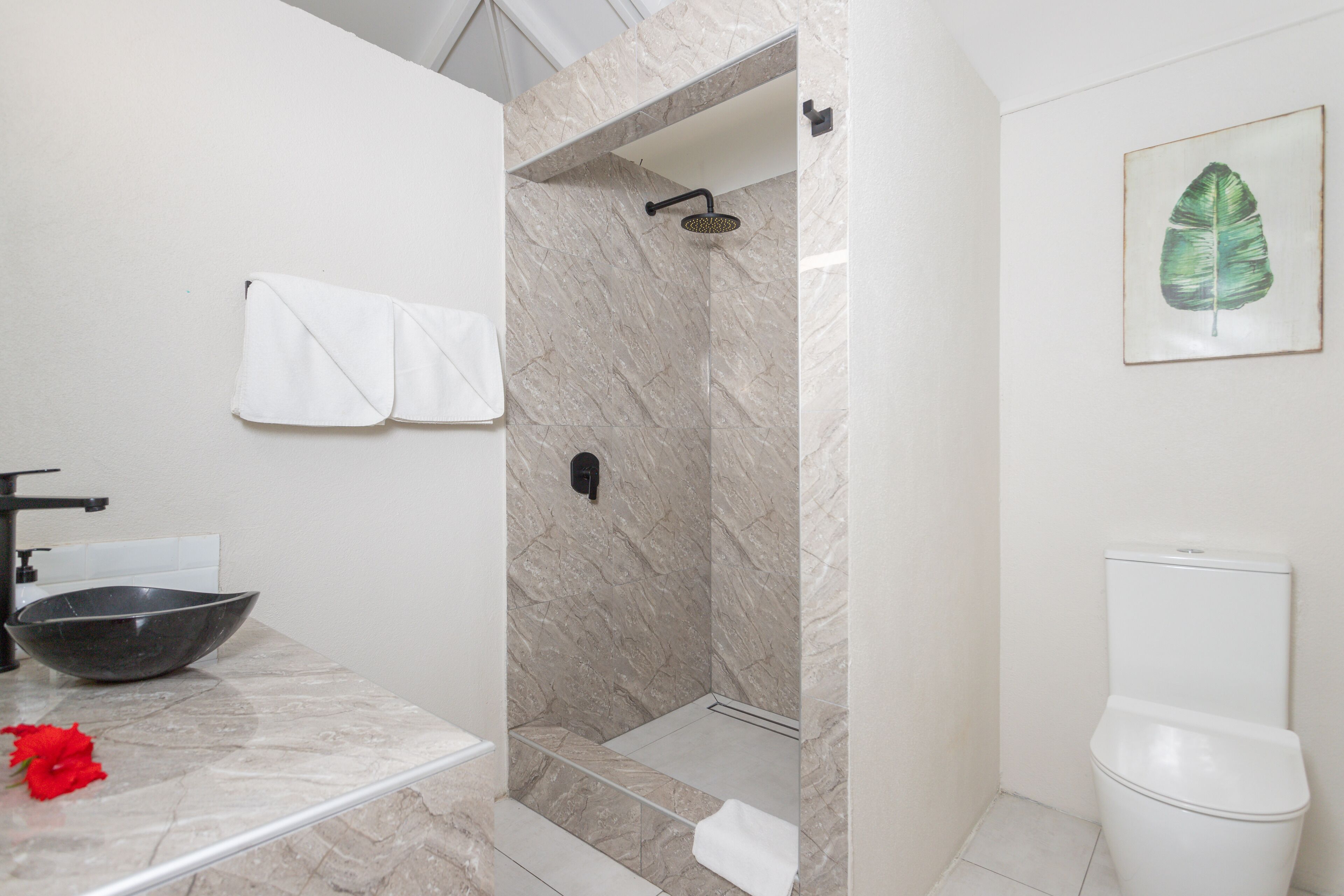 A bathroom with a marble sink, a black bowl, a shower with a marble wall, a white toilet, and a framed leaf on the wall.