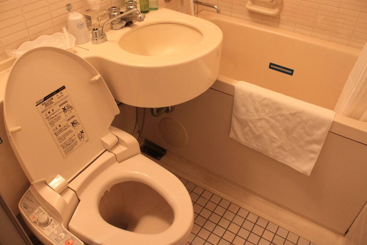 combined shower/bathtub, free toiletries, hair dryer, slippers