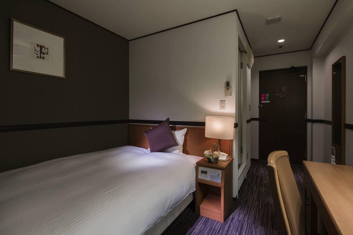 A hotel room with a single bed, a bedside table with a lamp, a chair, and a desk.