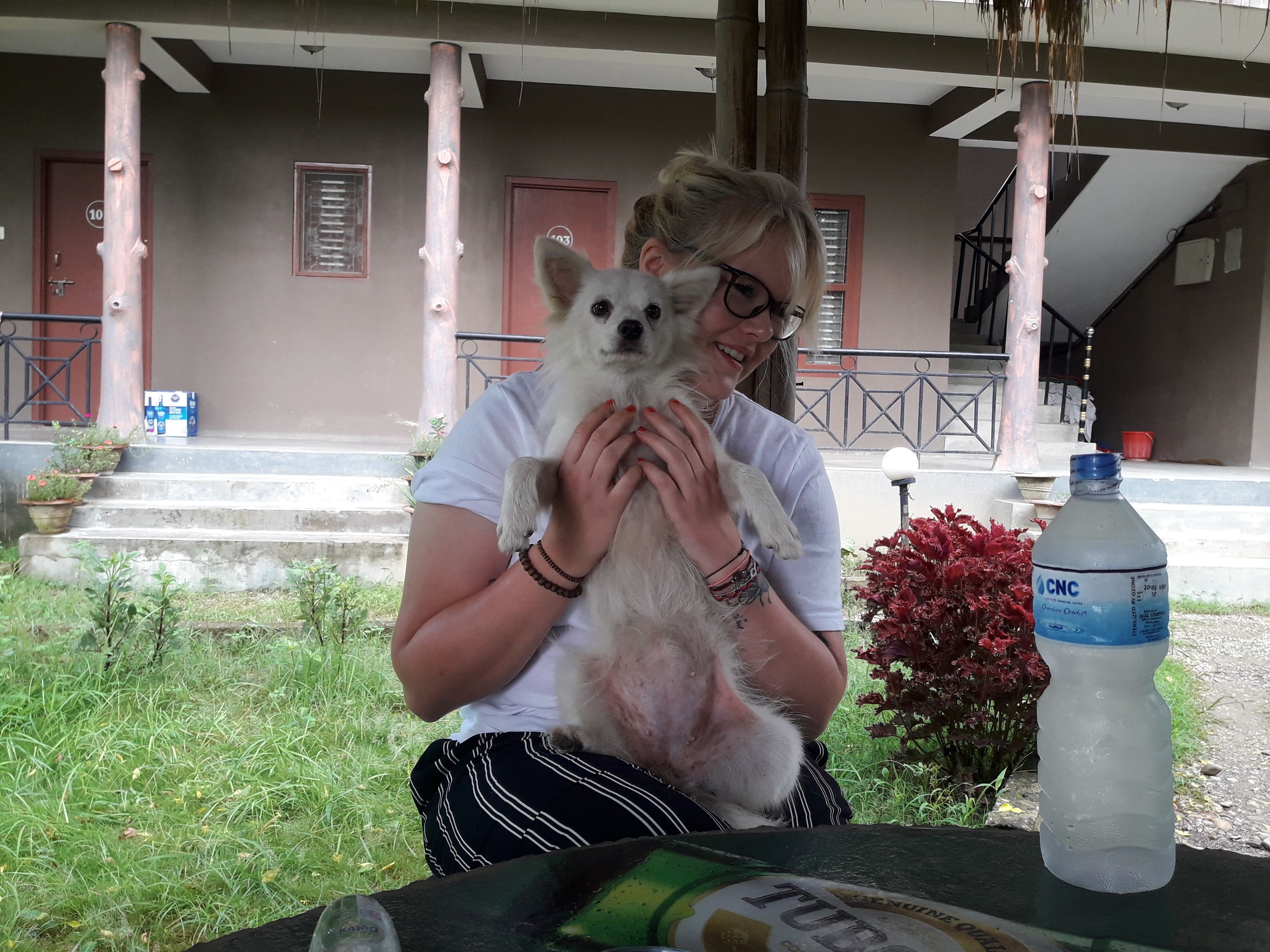 A person holding a small dog in front of a building with numbered doors and a staircase.