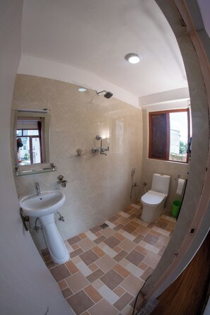 Shower, rainfall showerhead, bidet, toilet paper