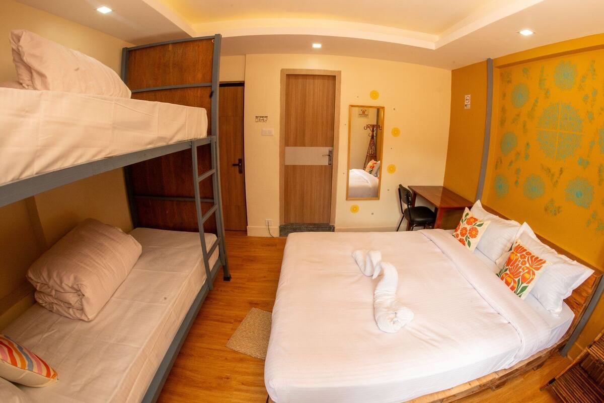 A dorm-style room with bunk beds, a desk, and a mirror.