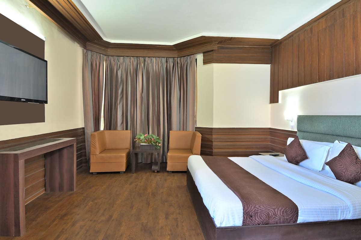 Habitación de hotel con una cama grande, dos sillones, una mesita con una planta y un televisor de pantalla plana montado en la pared.