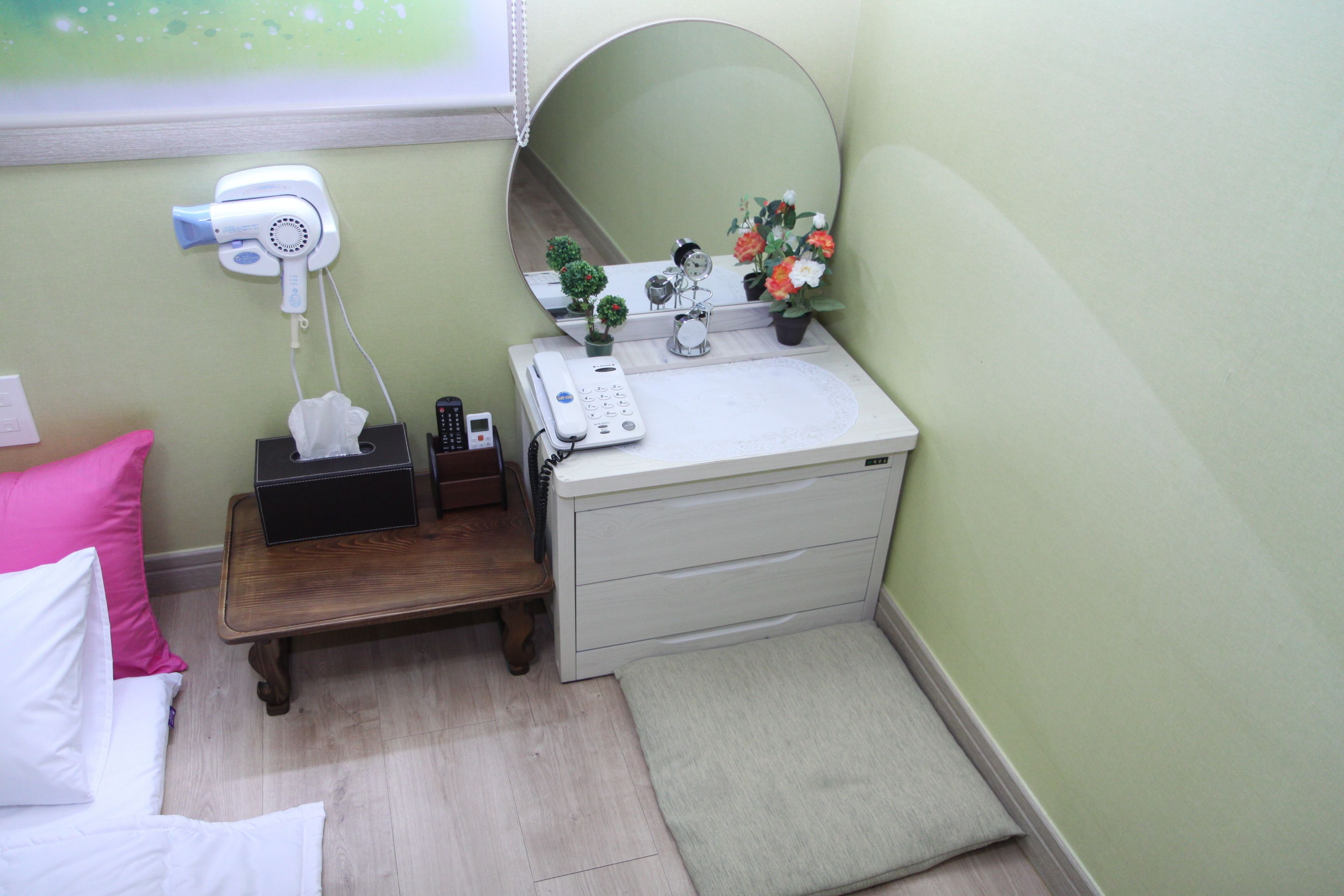 A small bathroom with a hairdryer, a mirror, a sink, a tissue box, and a small plant.