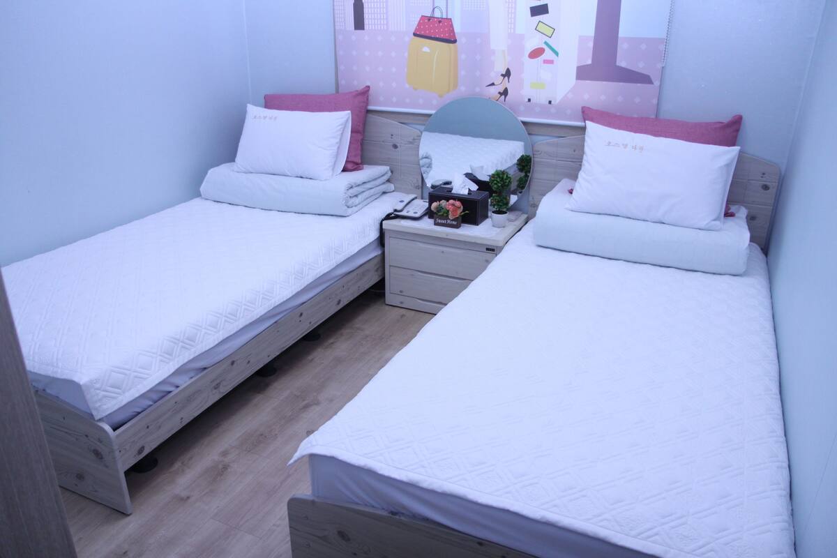 Zwei Einzelbetten mit weißer Bettwäsche und rosafarbenen Kissen, ein kleiner Nachttisch mit Pflanze und eine Wand mit einem Poster.