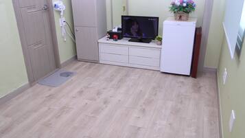 A small room with a wooden floor, a white cabinet, a television, a hairdryer, and a small plant.