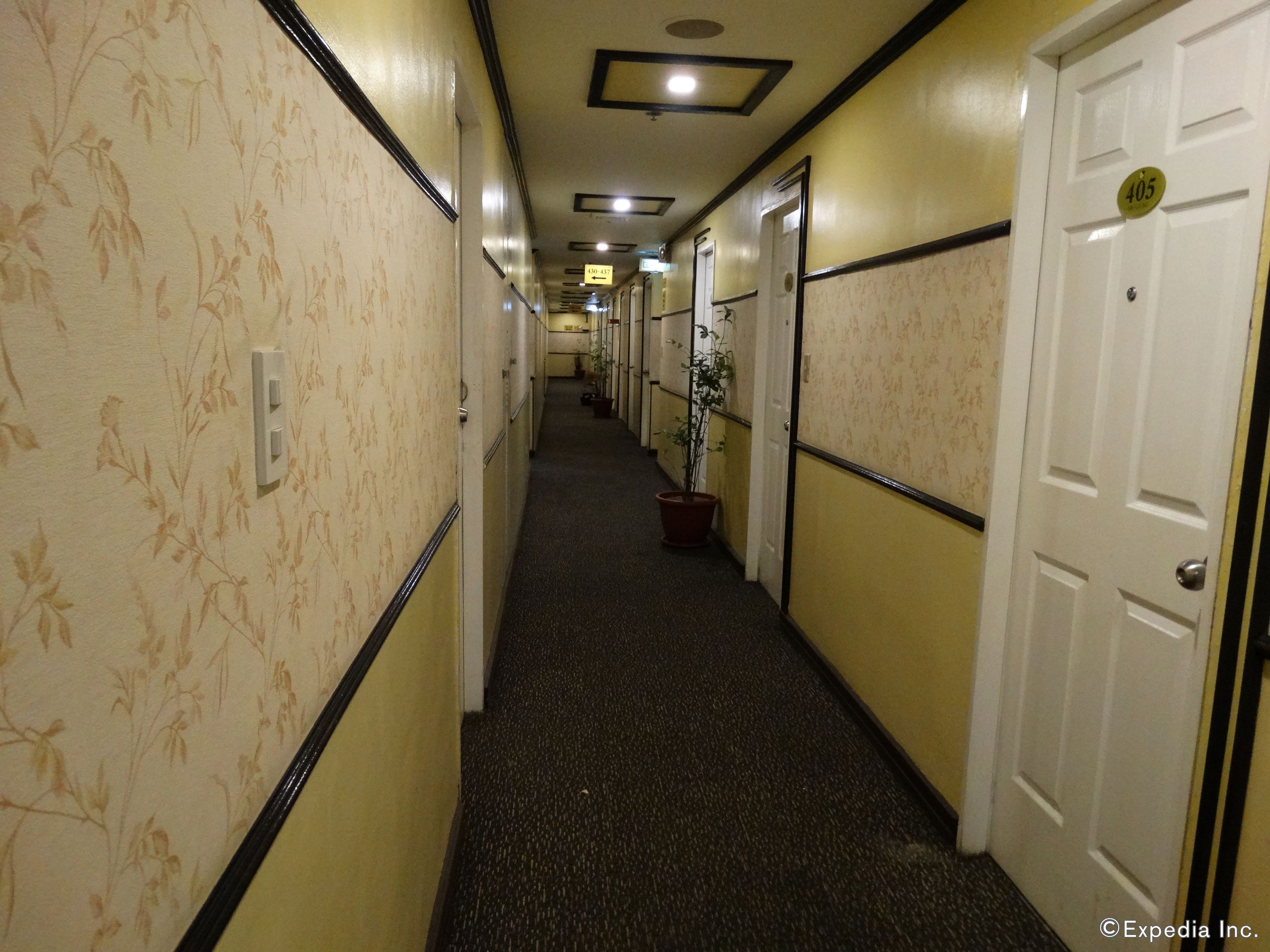 A hotel hallway with patterned wallpaper, a potted plant, and doors numbered 405.