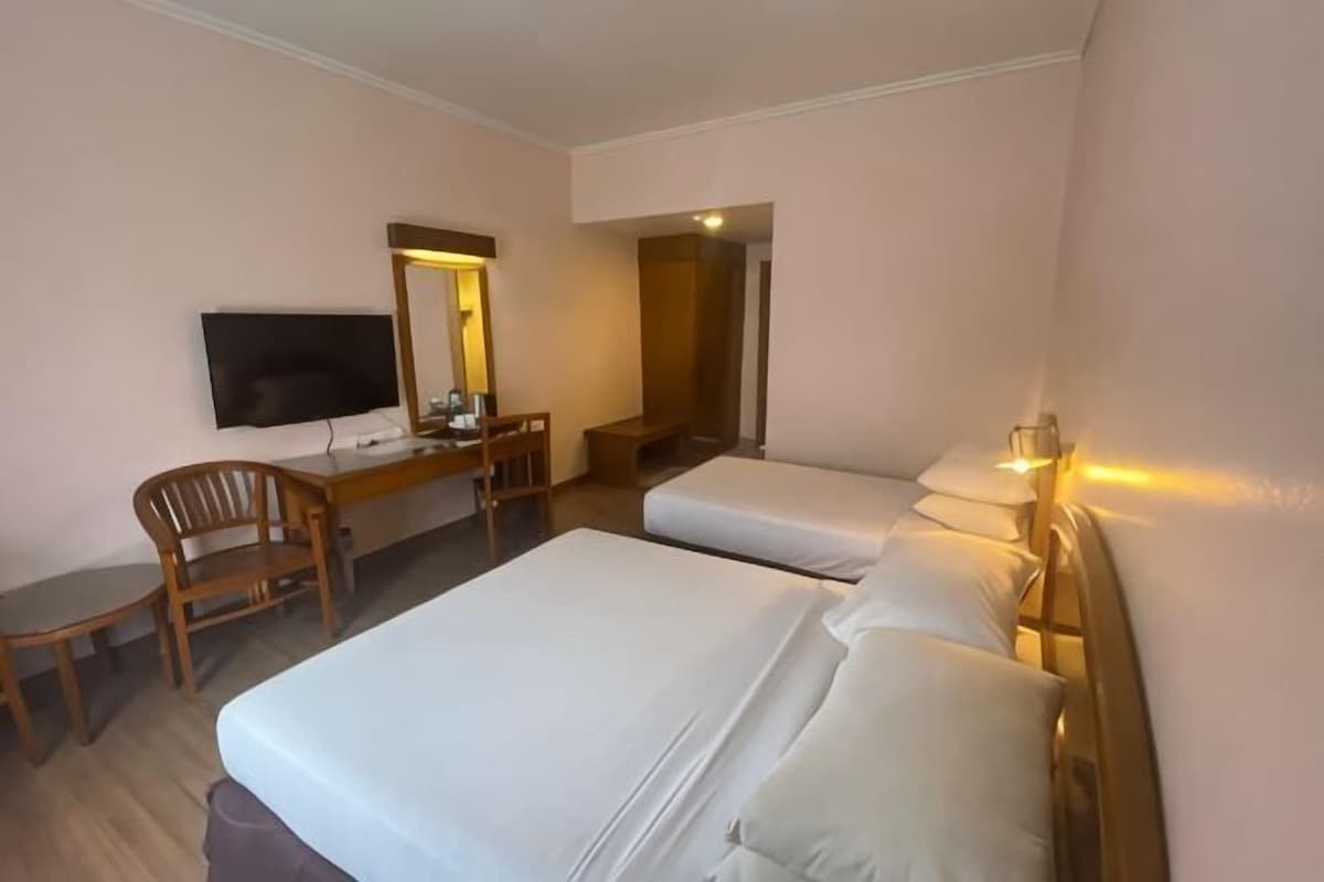 Habitación de hotel con dos camas, un escritorio, una silla, un televisor y un espejo.