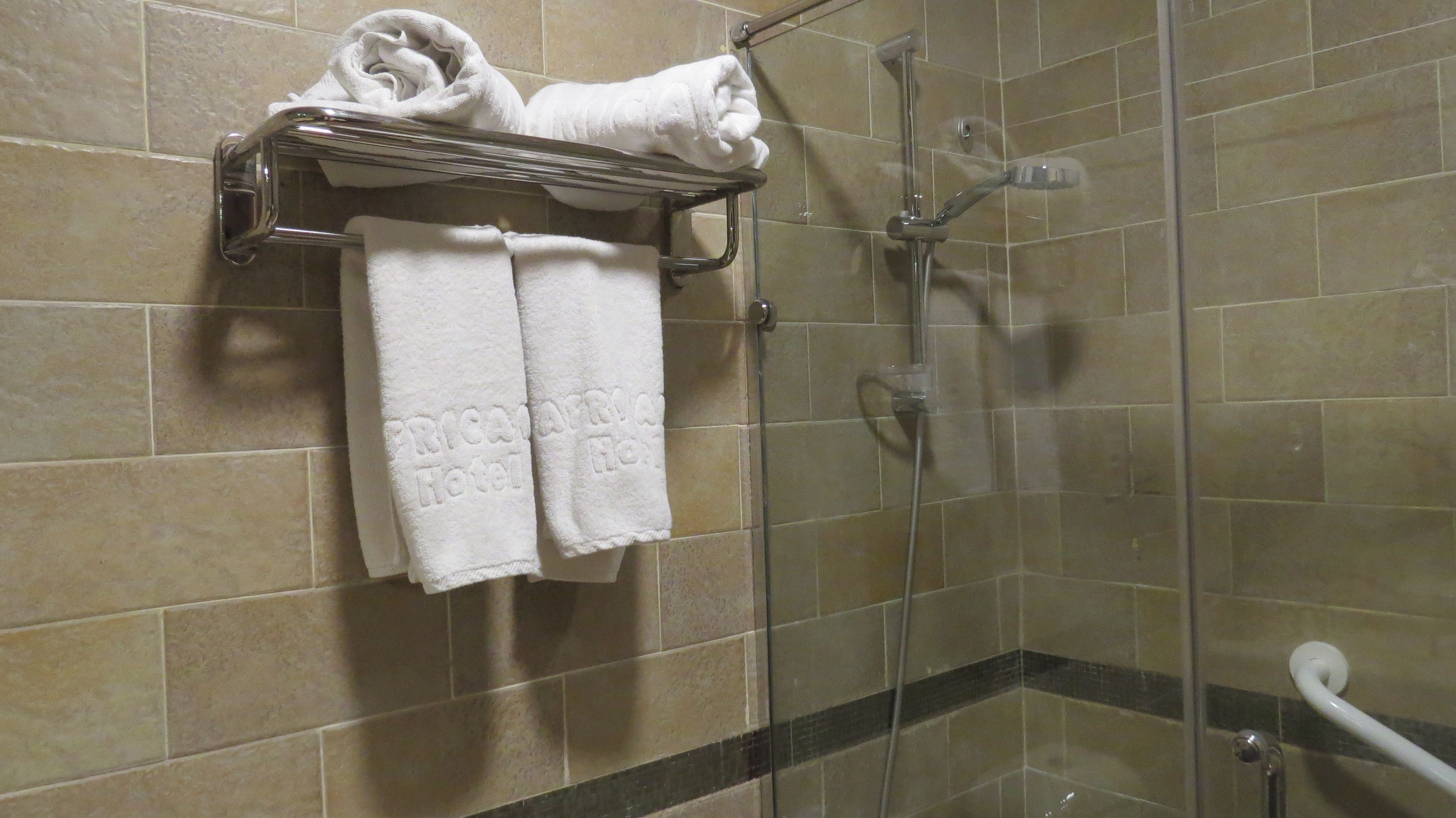 Un baño con ducha, un perchero y dos toallas, además de una barra de apoyo.