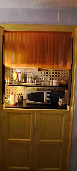 Grand réfrigérateur, micro-ondes, plaque de cuisson, grille-pain