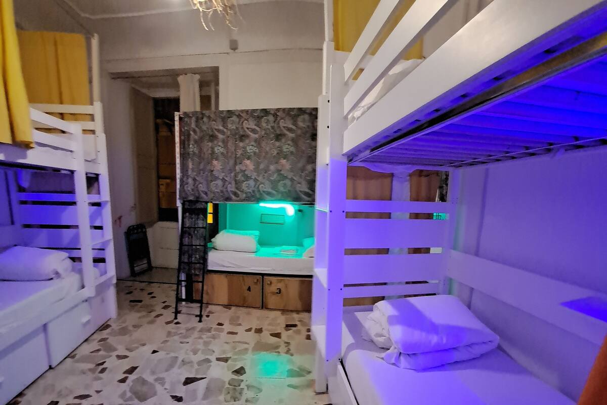 Una habitación con literas, un escritorio pequeño y un papel tapiz estampado.