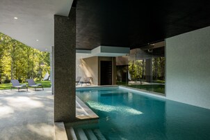 Una piscina interior moderna con vistas despejadas a la vegetación circundante.
