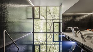 A modern spa area with a glass wall, a pool, and a relaxation area with loungers. - Aqua Village Health Resort & Spa (Oliveira do Hospital)