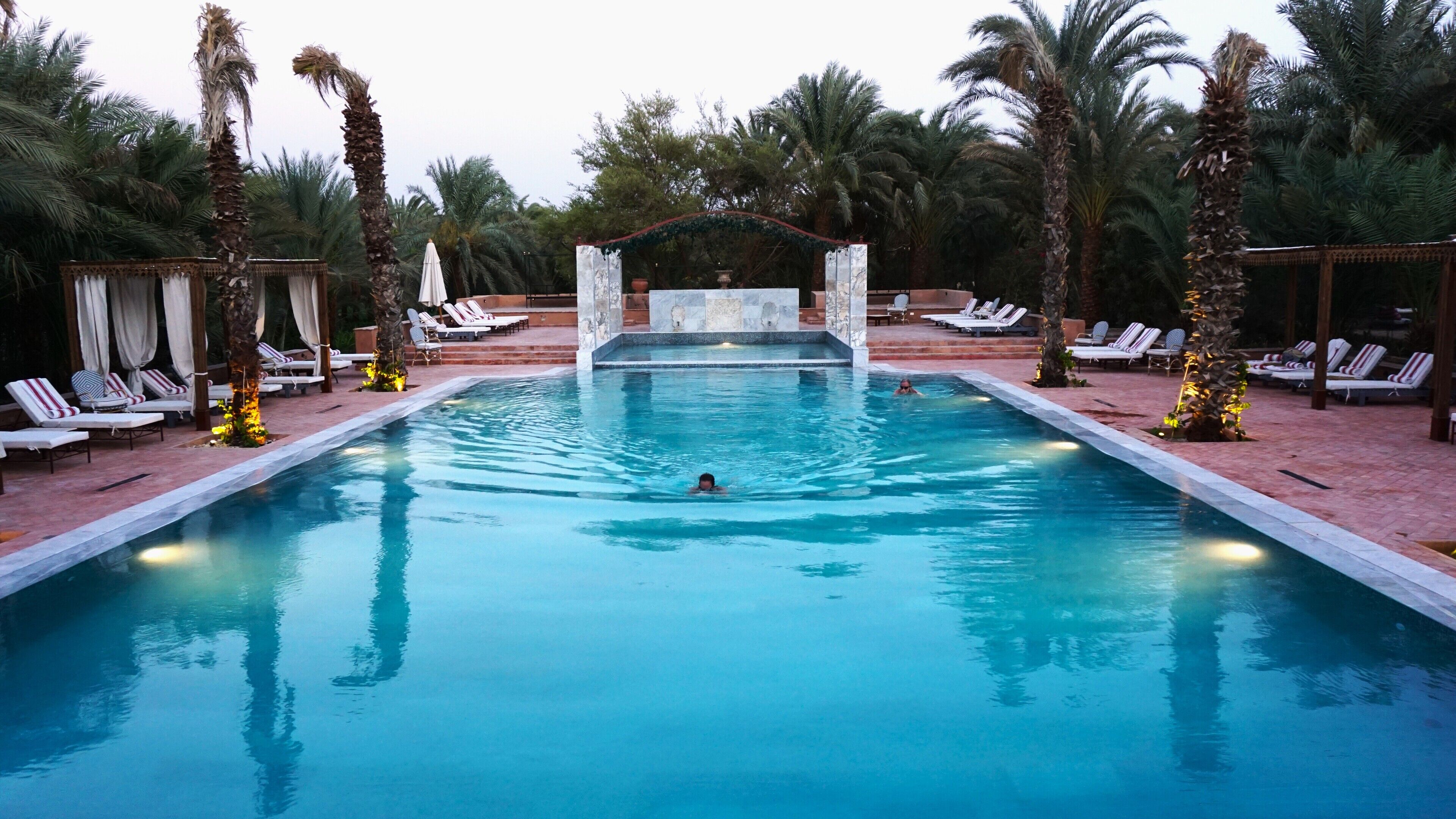 Une piscine rectangulaire agrémentée d’une fontaine centrale, entourée de palmiers et de chaises longues.