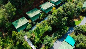 Vista aérea de un complejo turístico con varias edificaciones de techo verde, rodeado de abundante vegetación.