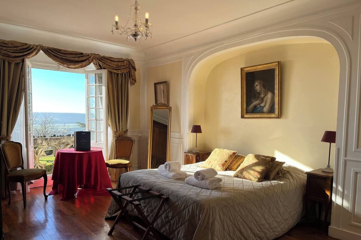 A bedroom with a large bed, a chandelier, a painting, and a view of the outdoors.