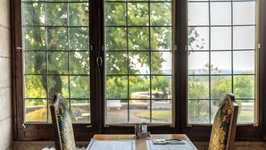 A dining table with two chairs, a window with a grid pattern, and a view of greenery outside.