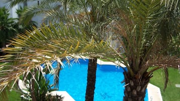 Seasonal outdoor pool, pool umbrellas, pool loungers