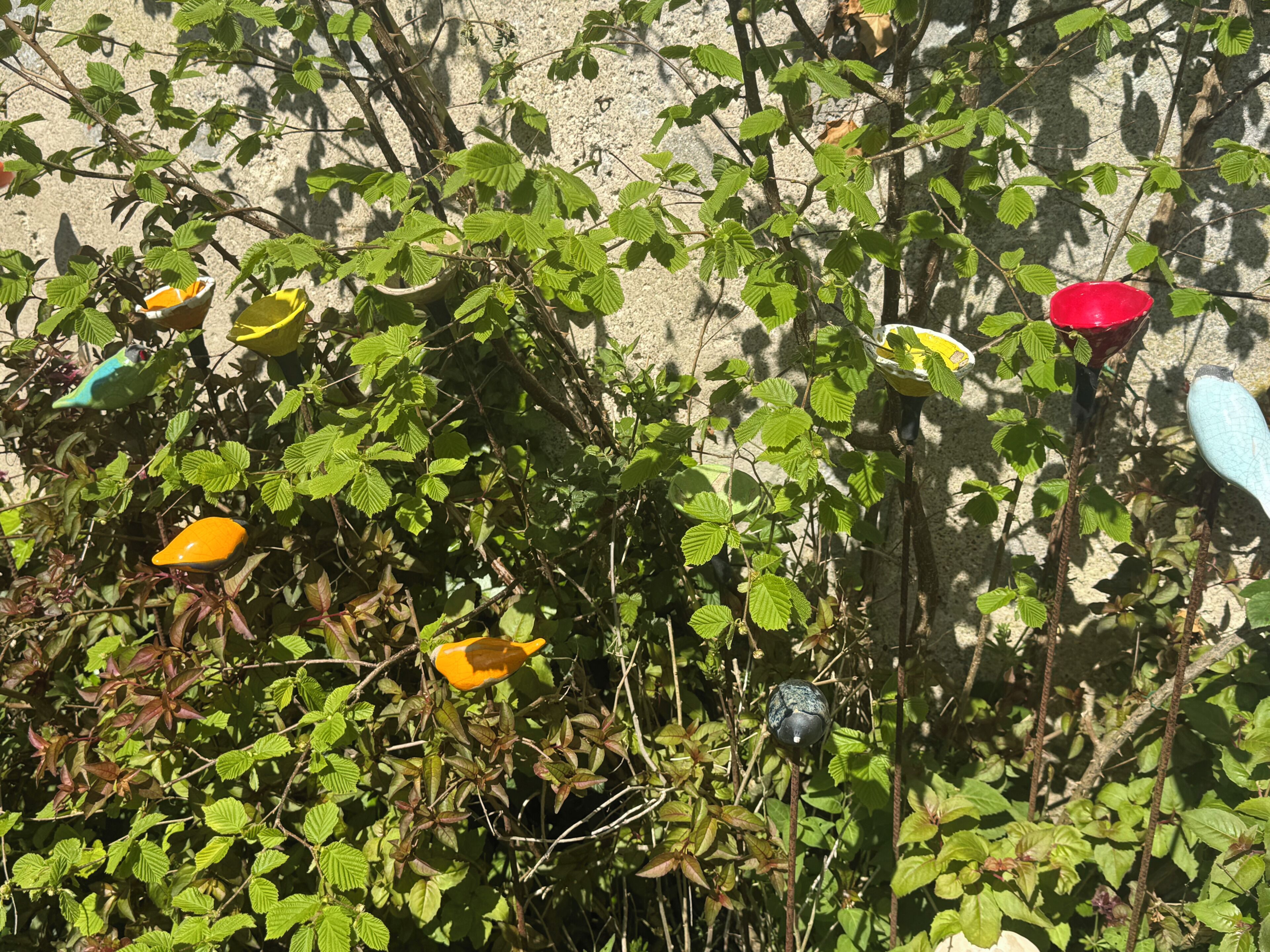 Un jardín con diversas plantas y coloridos comederos para pájaros.