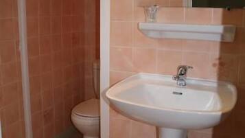 Een badkamer met toilet, wastafel en douche.