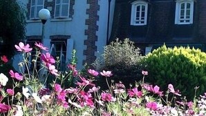 A two-story house with a white facade and dark roof, surrounded by a garden with pink flowers. - Hotel Le Tronçais (Saint-Bonnet-Troncais)