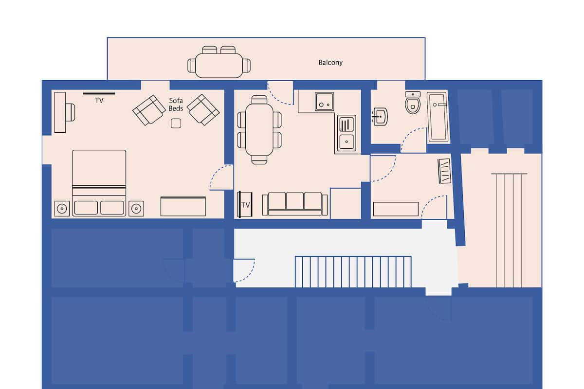 A hotel layout with a balcony, TV in each room, sofa beds, and a bathroom.
