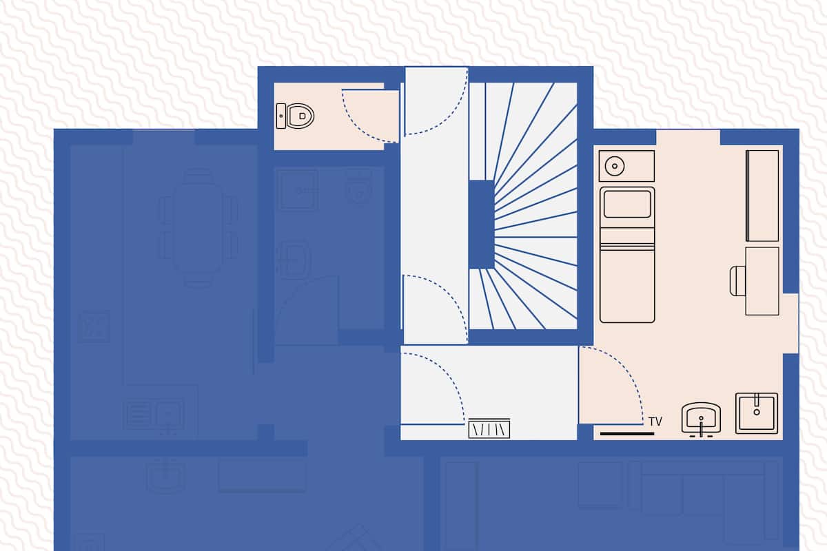A floor plan of a hotel with a central hallway, multiple rooms, a kitchen area, and a bathroom.