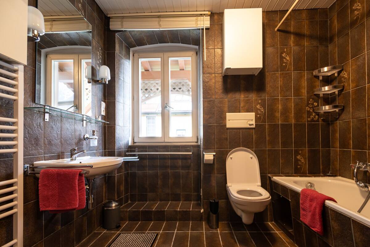 basic apartment, 1 bedroom, balcony, courtyard view (fettnäpfchen) | bathroom | shower, free toiletries, hair dryer, towels