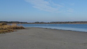 A beach with a clear sky, calm water, and a distant forest. - Hotel Seeblick (Klausdorf)