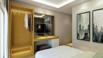 A modern bedroom with a large bed, a wooden wardrobe, a mirror, and artwork on the wall.
