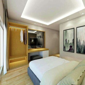 A modern bedroom with a large bed, a wooden wardrobe, a mirror, and artwork on the wall. - Cajupi (Gjirokastër)