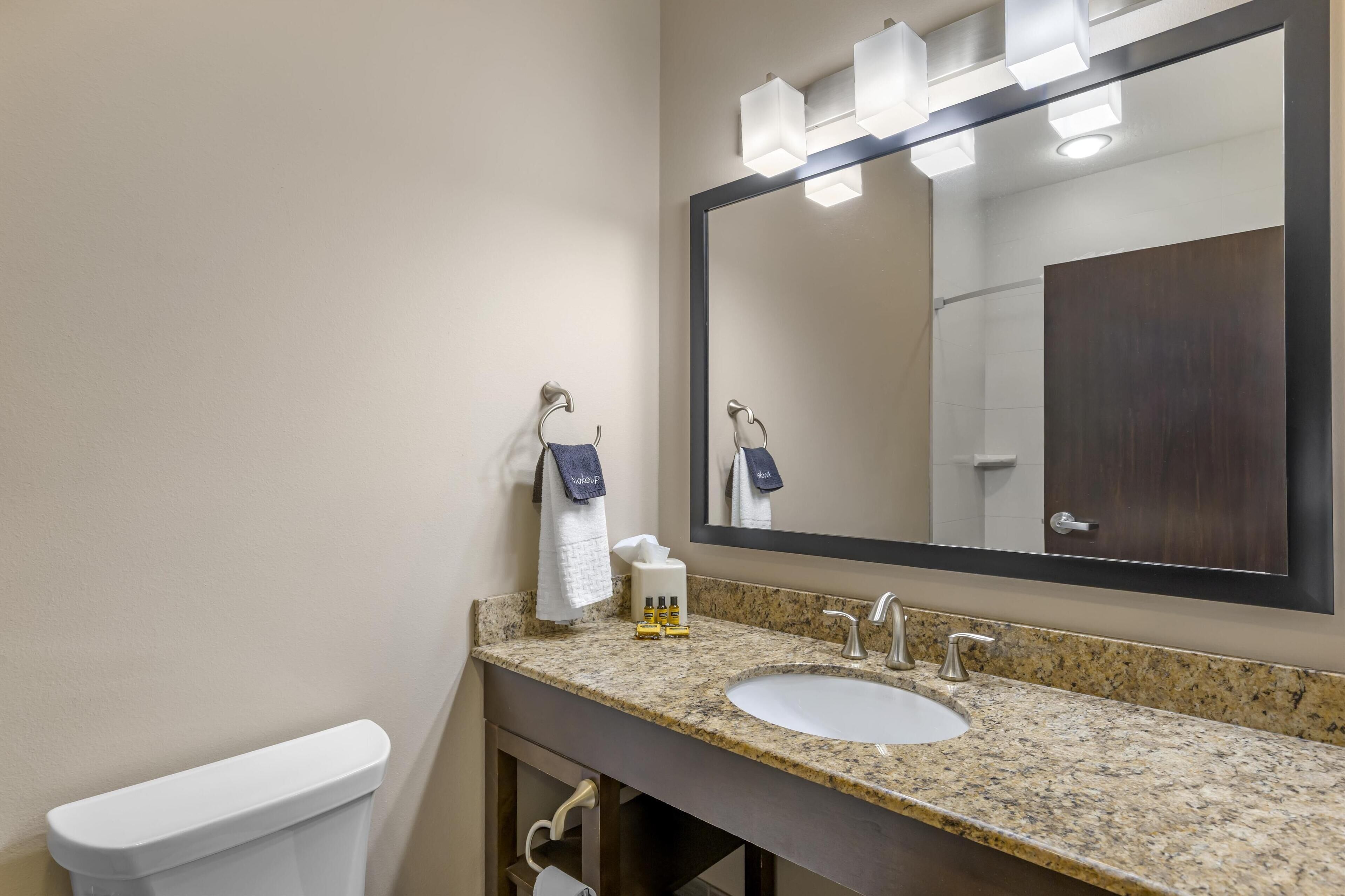 A bathroom with a granite countertop, a white sink, a large mirror, and a towel rack.