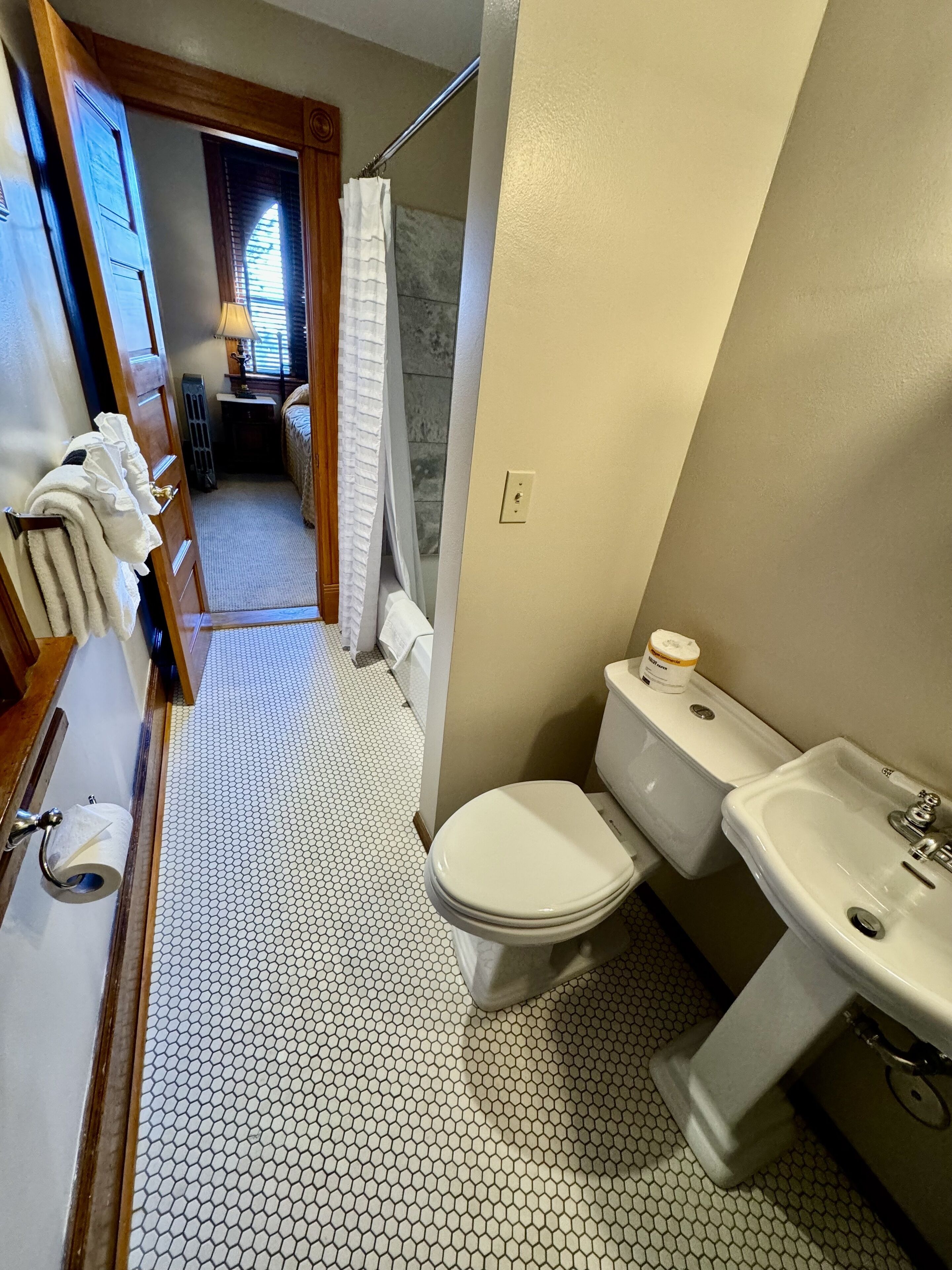 A bathroom with a toilet, sink, and shower curtain.
