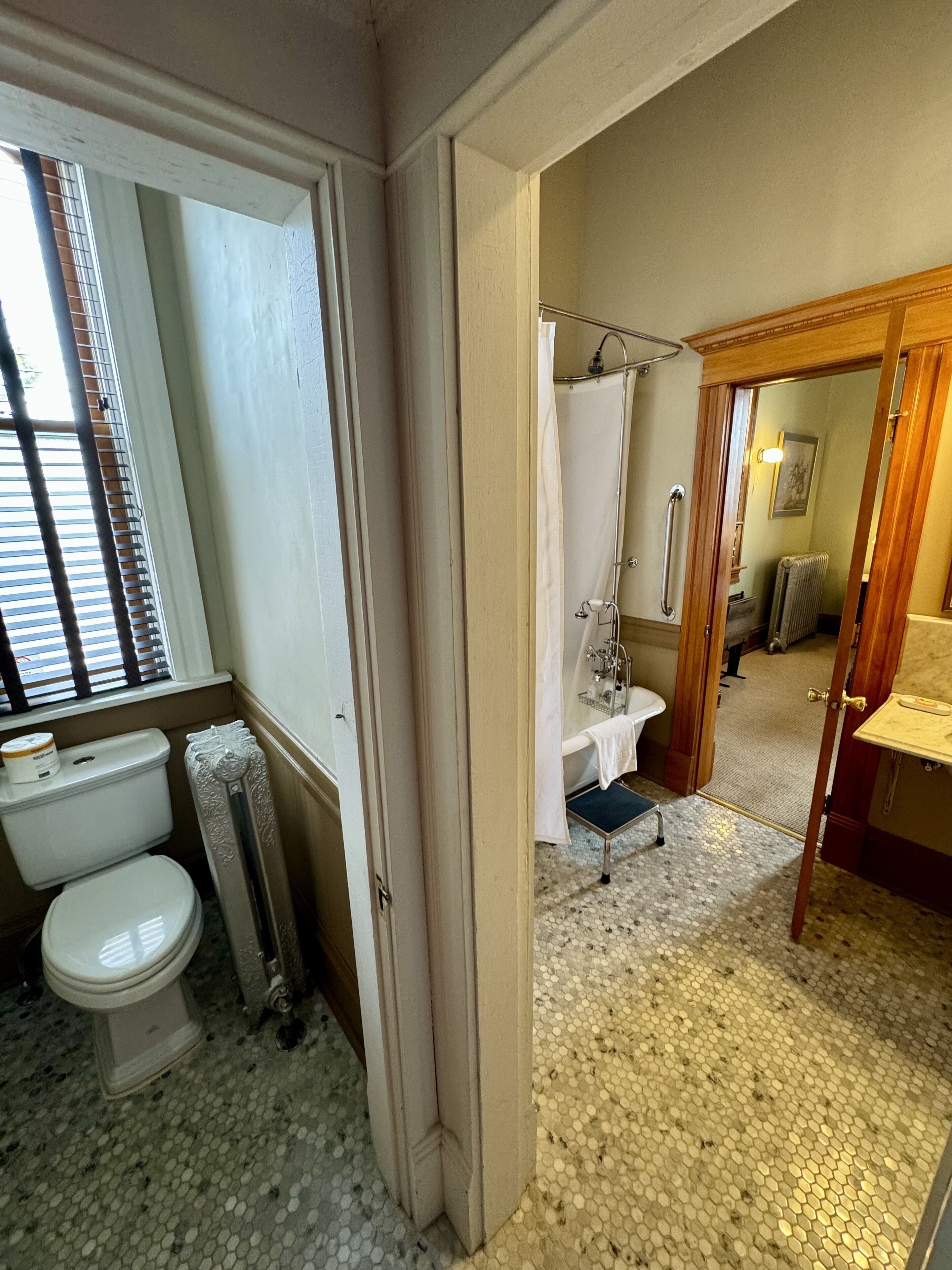A bathroom with a toilet, bidet, and shower area.