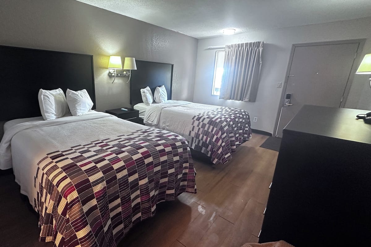 Deluxe Room, 2 Double Beds, Non Smoking | Desk, laptop workspace, blackout drapes, iron/ironing board