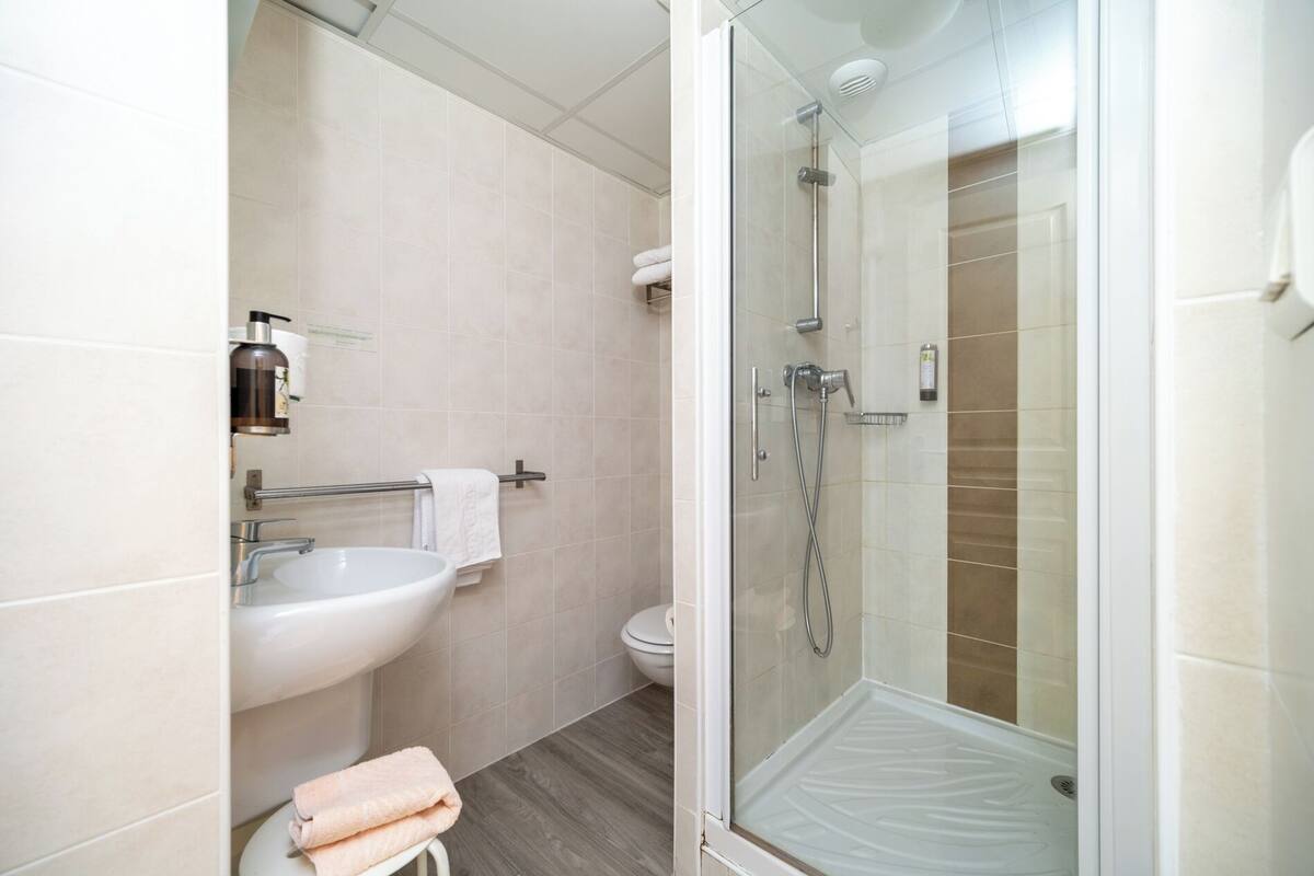 shower, free toiletries, hair dryer, towels