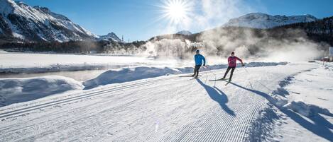 A snowy landscape with two skiers, a clear sky, and mountains in the background.
