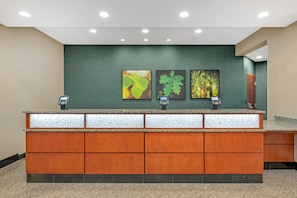 Un mostrador de recepción con una pared verde, tres láminas botánicas enmarcadas y una encimera con diseño estampado.